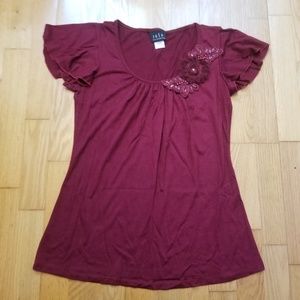 Cranberry Red Floral Embellish Flutter Sleeve Top